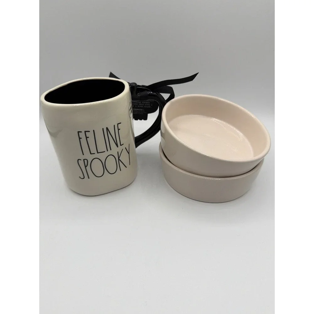 Rae Dunn Halloween Black Cat Mug with 2 MEOW Cat Bowls Ceramic Set